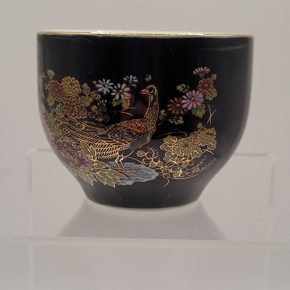 Vintage Japanese Sake Cup Black Gold Birds Floral - Picture 2 of 10